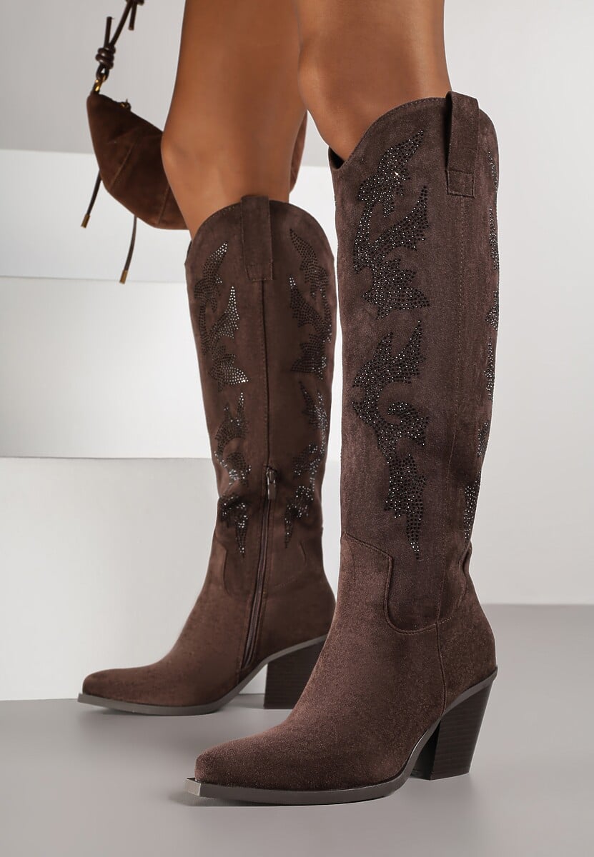 Brązowe Kozaki Kowbojki na Stożkowym Obcasie z Aplikacją z Cyrkoniami Zevrine