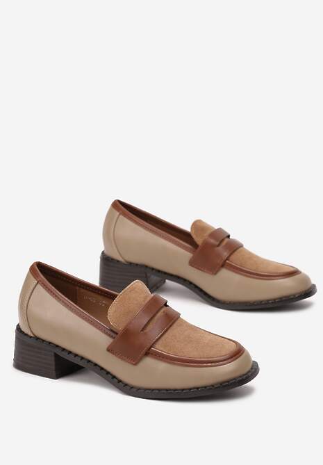 Ciemnobeżowe Wsuwane Mokasyny z Płaskim Obcasem i Paskiem z Przodu Mauvela
