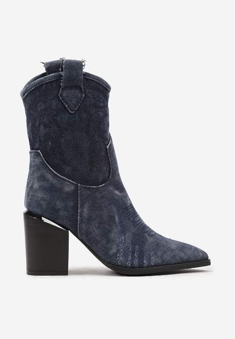 Granatowe Botki Typu Kowbojki na Słupku z Przeszywanymi Detalami Laorielle