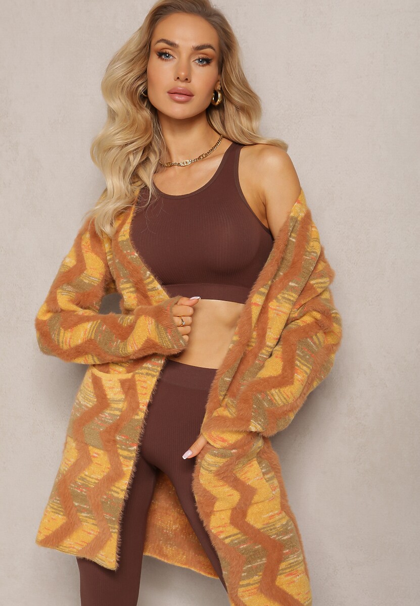 Brązowy Luźny Kardigan Niezapinany w Geometryczny Print Sheshy