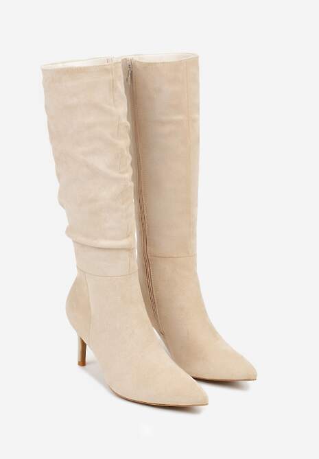 Beżowe Marszczone Kozaki z Imitacji Zamszu na Obcasie Typu Szpilka Rilavira