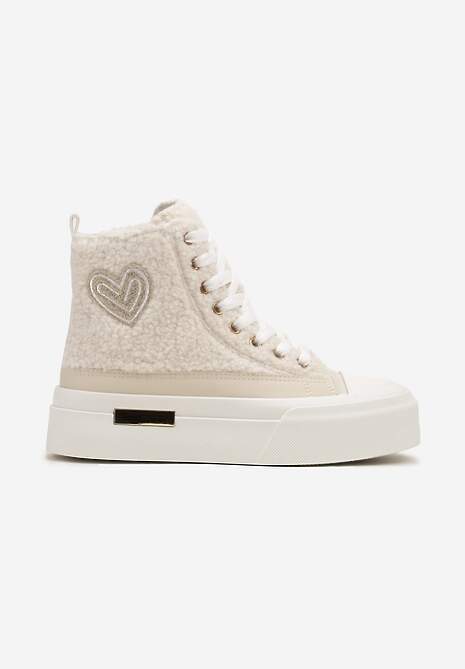 Beżowe Futerkowe Trampki na Platformie z Ozdobną Naszywką w Kształcie Serca Aelinna
