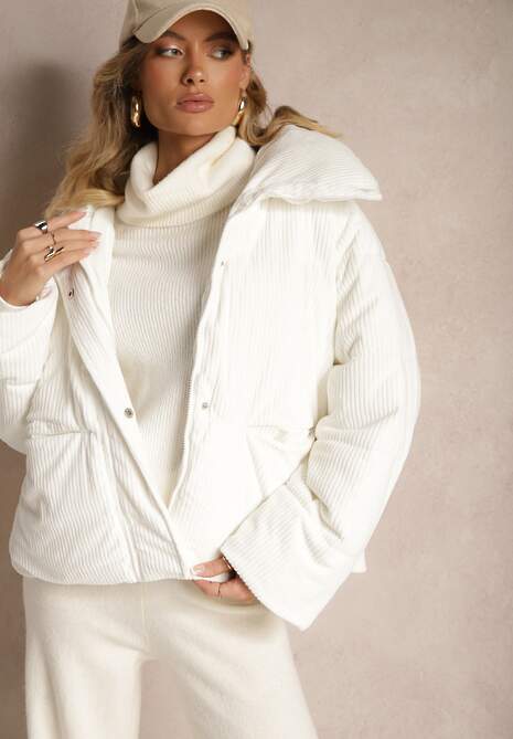 Biała Kurtka Sztruksowa o Prostym Kroju z Szerokim Kołnierzem Reanieth