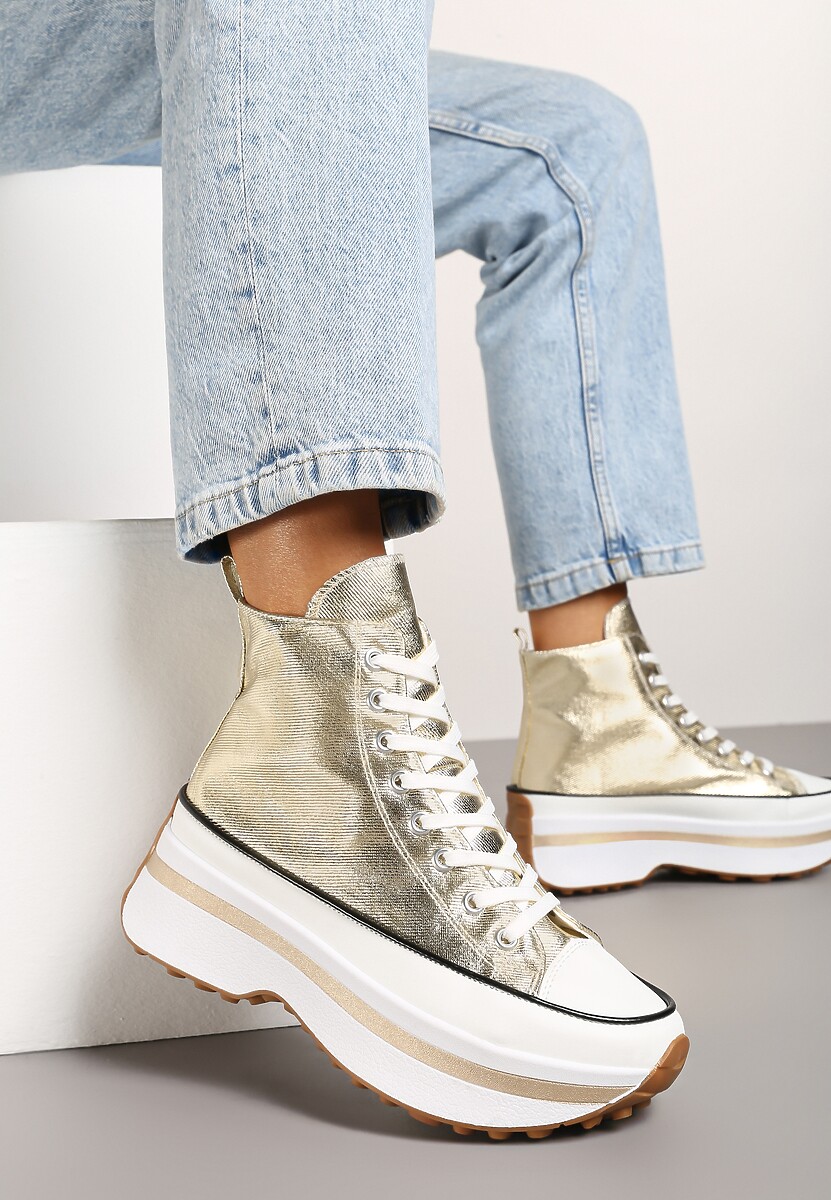 Złote Sznurowane Trampki za Kostkę na Platformie Ealsevia