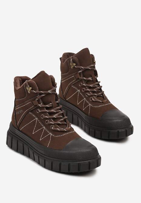 Brązowe Botki Trapery Vices na Platformie z Tłoczeniem Ozdobione Przeszyciami Amirrise