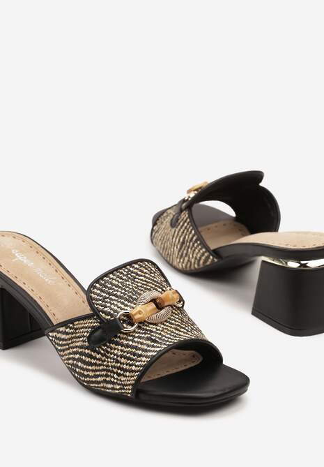 Czarne Tweedowe Klapki na Słupkowym Obcasie z Wkładką ze Skóry Naturalnej Selkio