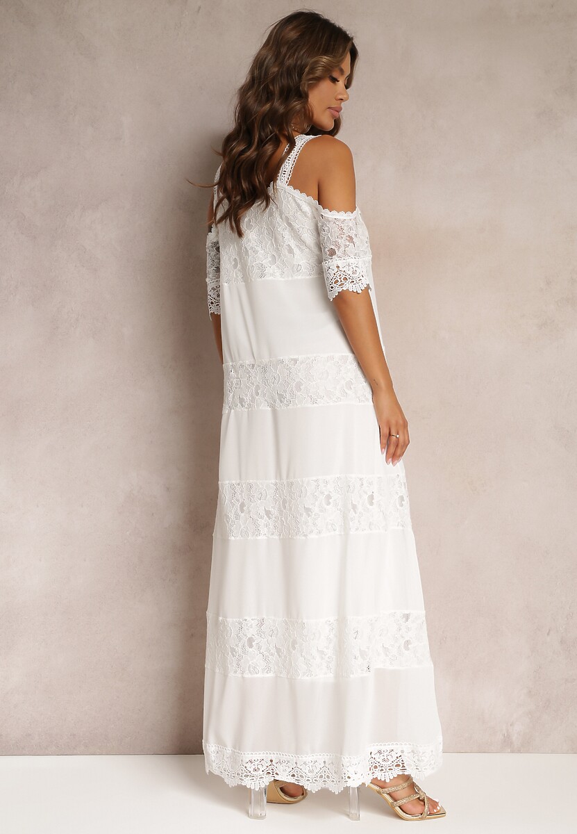 Biała Maxi Sukienka Na Ramiączkach z Wycięciami o Trapezowym Fasonie Mahkai