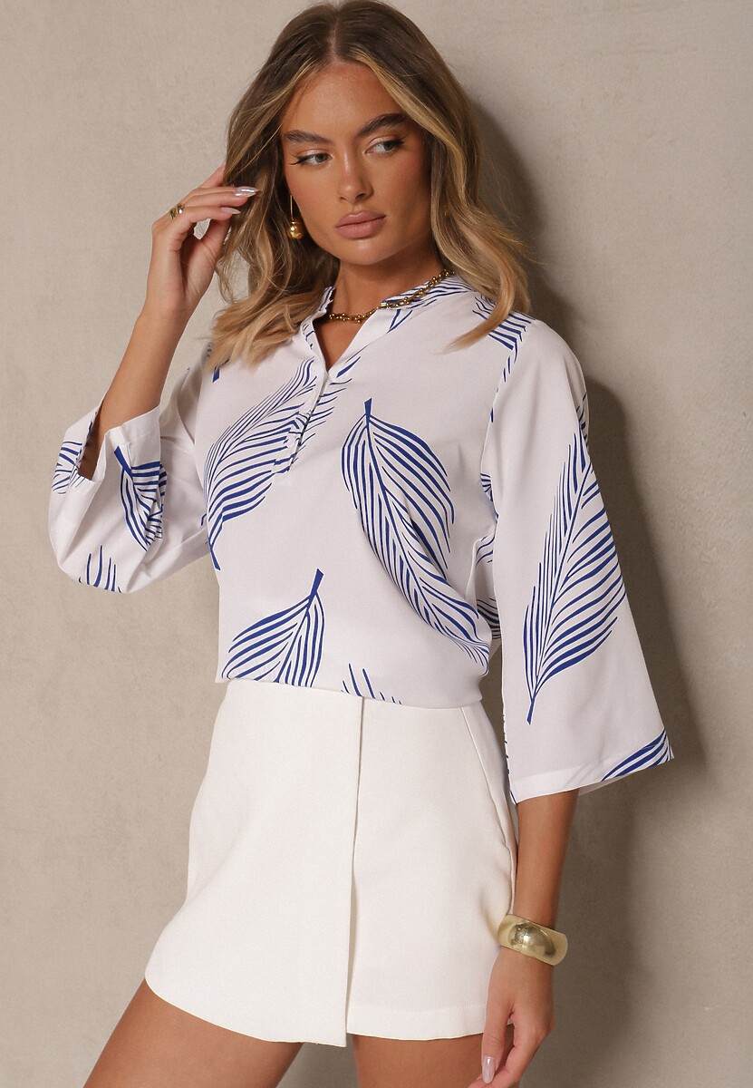 Biało-Niebieska Koszula z Bawełną i Motywem Liści Lumireline