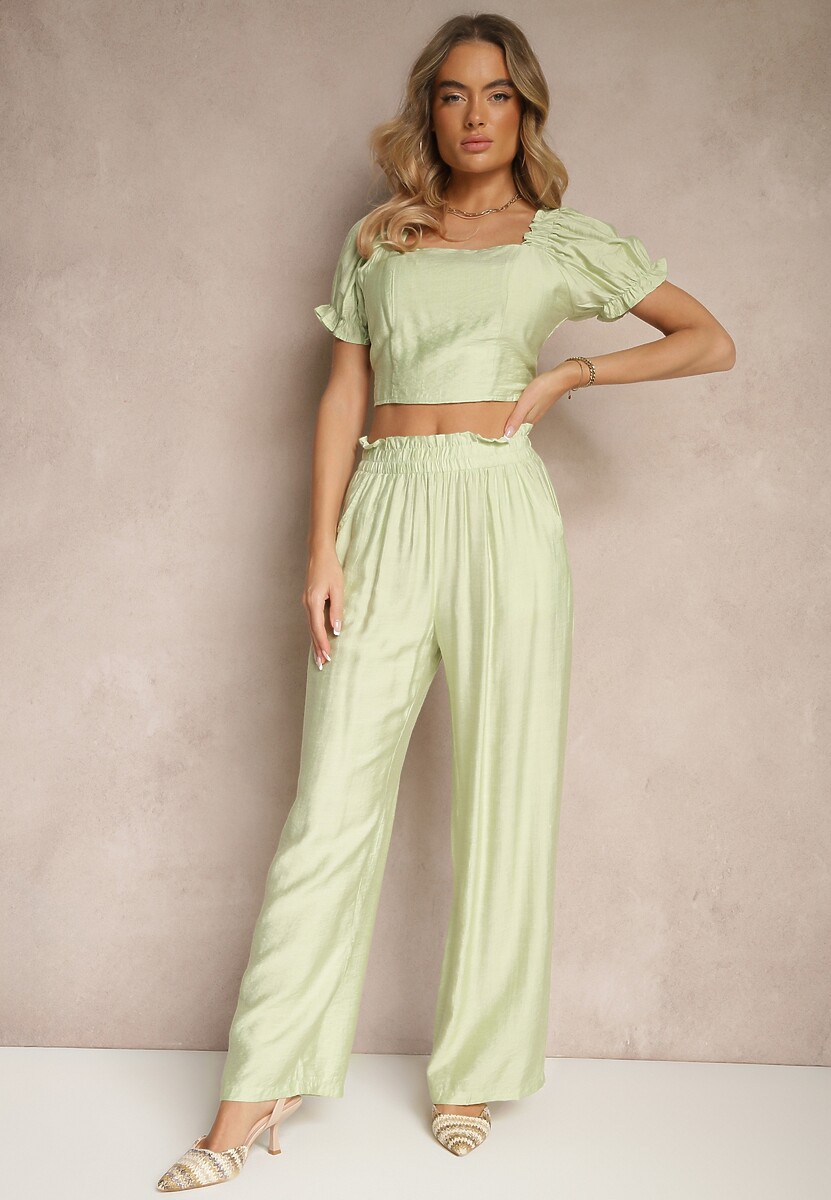 Jasnoniebieski Komplet z Wiskozy Top z Szerokimi Spodniami Soltebia