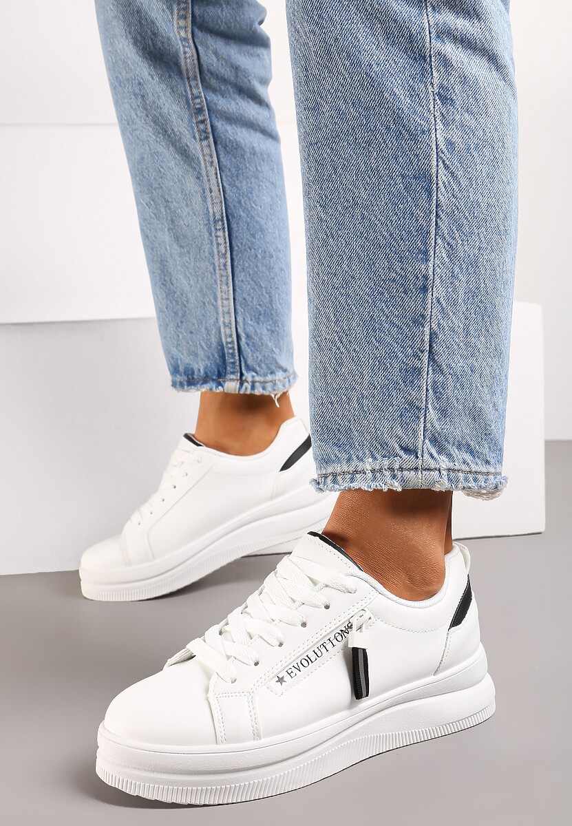 Biało-Czarne Sneakersy na Niskiej Platformie z Ozdobnym Suwakiem na Boku Pertia