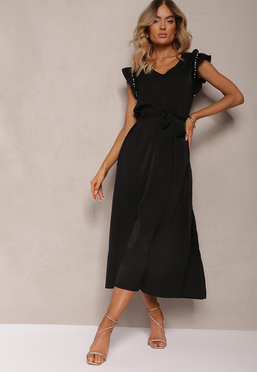 Czarna Sukienka z Materiałowym Paskiem Ozdobiona Rozcięciami i Cyrkoniami z Falbanką Holline