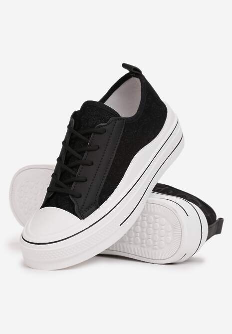 Czarne Brokatowe Trampki na Grubej Podeszwie przed Kostkę Ariu