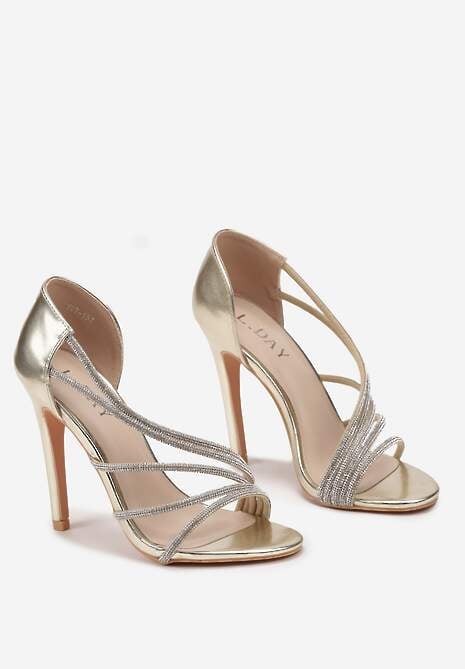 Złote Asymetryczne Sandały na Szpilce Zdobione Cyrkoniami Aarnia