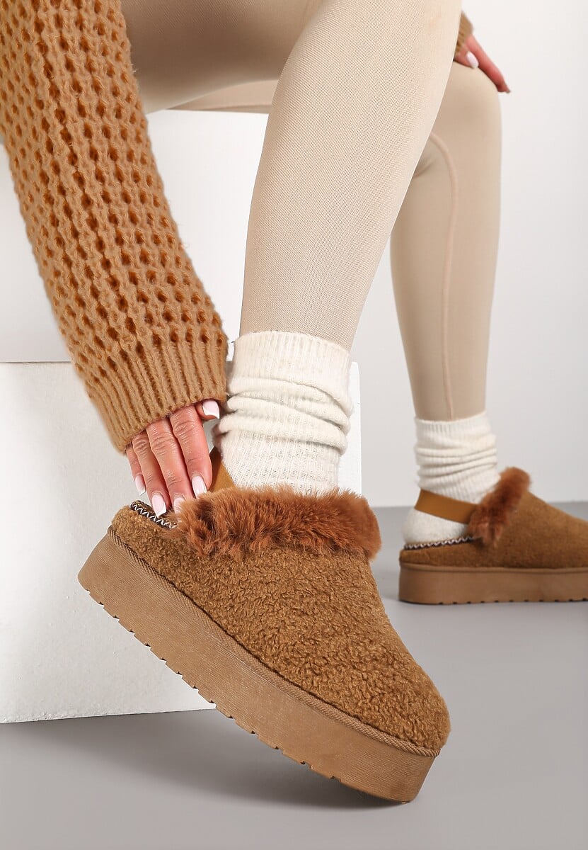 Brązowe Futerkowe Śniegowce na Grubej Podeszwie z Gumką na Pięcie Sosena