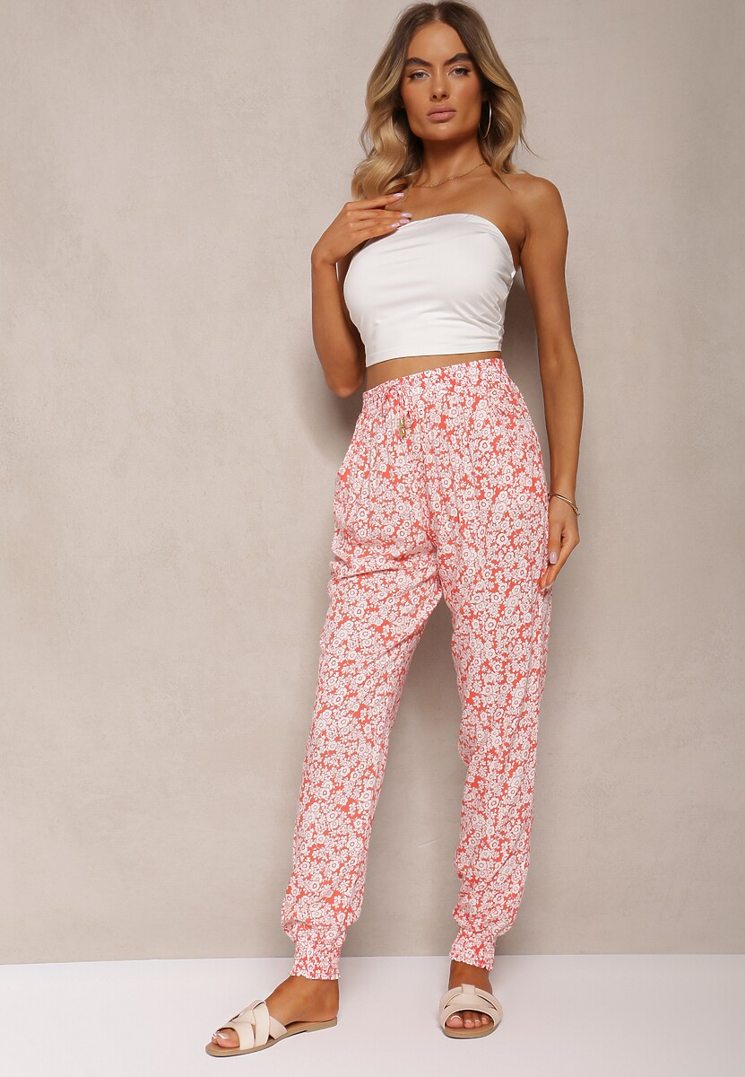 Jasnozielone Wiskozowe Spodnie w Kwiaty z Gumką w Pasie Rivabele