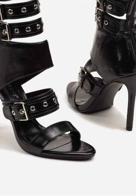 Czarne Sandały Botki na Obcasie Zdobione Paskami ze Sprzączkami Idamirea