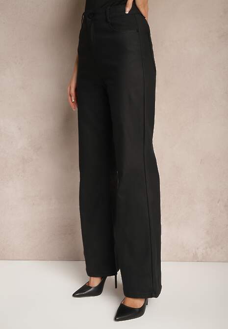 Czarne Spodnie o Szerokim Kroju High Waist z Ekoskóry Noralys