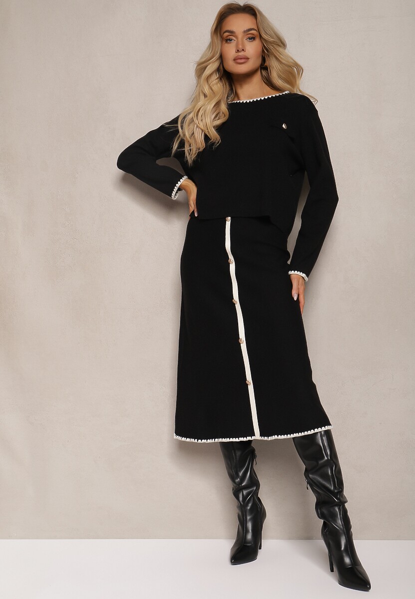 Czarny Komplet z Wiskozą Spódnica z Guzikami Sweter Ozdobiony Kieszonkami Melotha