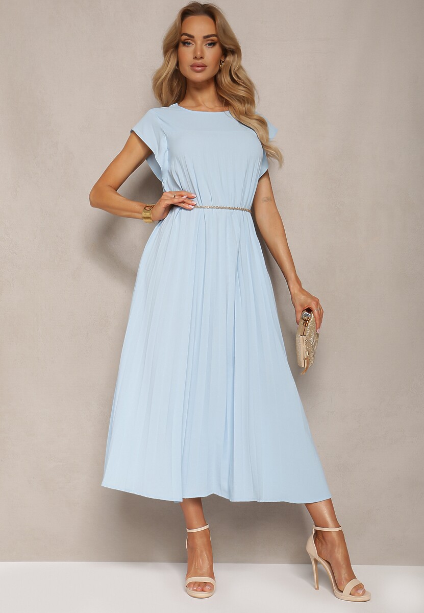 Pomarańczowa Rozkloszowana Sukienka z Plisowaniem i Krótkim Rękawem Hevina