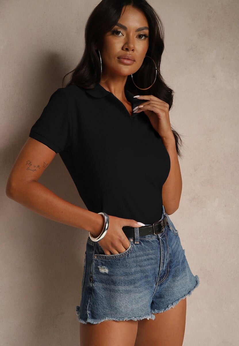 Czarny Bawełniany T-shirt Typu Polo Arsenllia