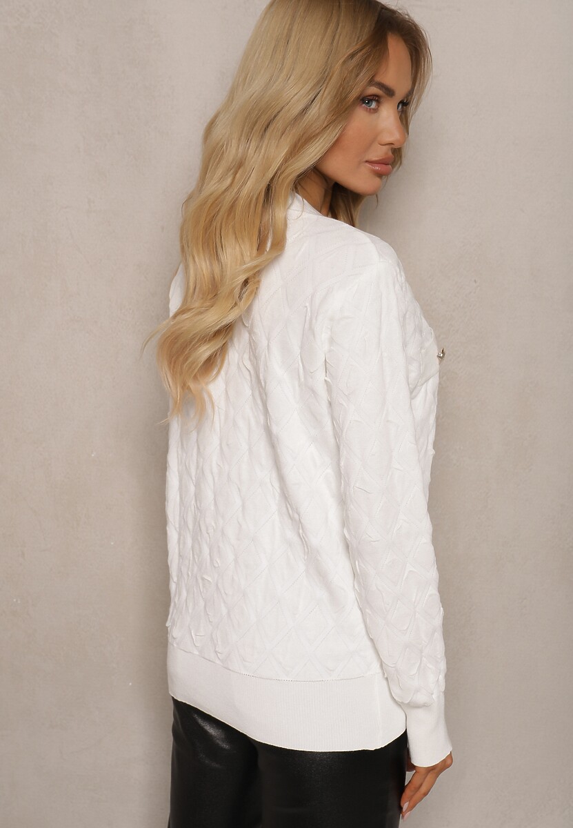 Biały Kardigan z Ozdobnymi Guzikami i Ściągaczami Zymira