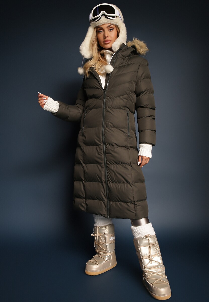 Ciemnozielona Kurtka Zimowa z Pikowanymi Przeszyciami i Kapturem z Futrem Alirina