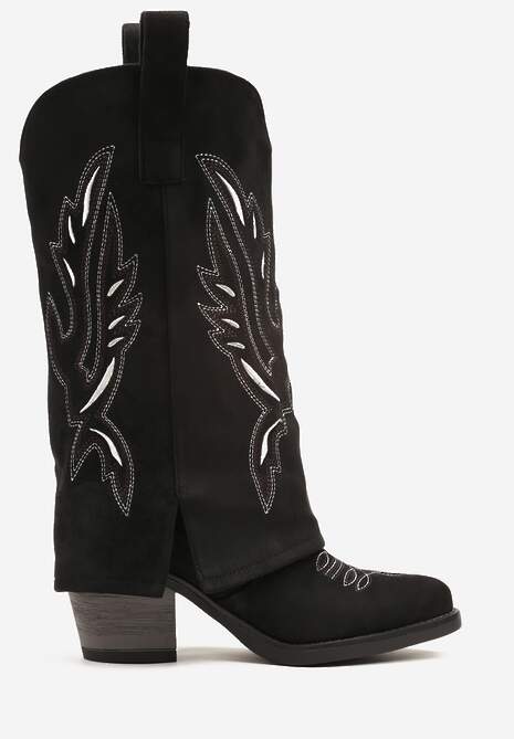 Czarne Kozaki w Stylu Kowbojek na Słupku z Haftem i Wywiniętą Cholewką Emmiste