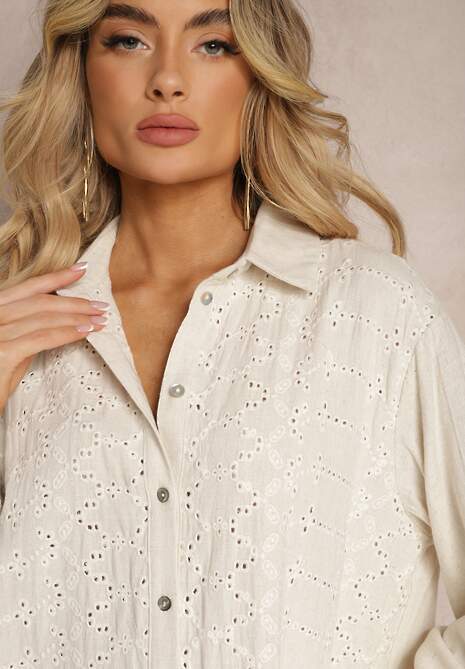 Jasnobeżowa Ażurowa Sukienka o Koszulowym Kroju z Wiskozy i Lnu z Rozcięciami i Guzikami Sannesti