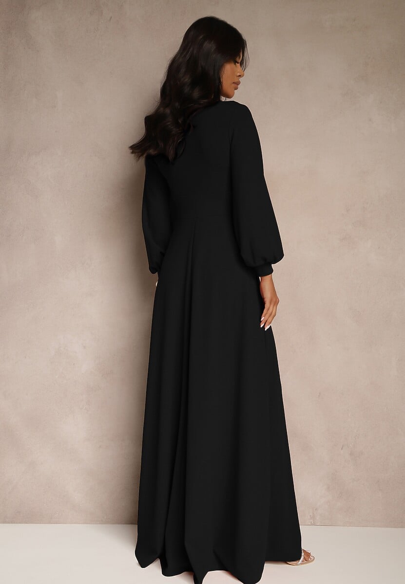 Czarna Koktajlowa Sukienka z Ozdobnym Rozcięciem na Nogę Erullia