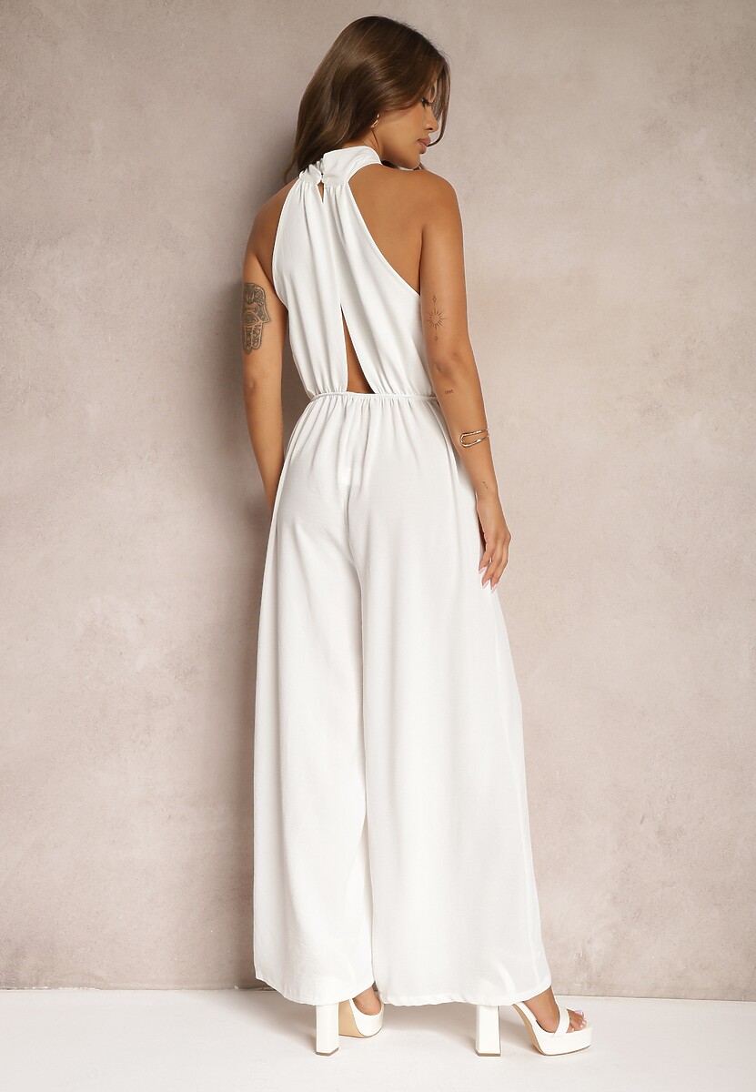 Biały Taliowany Kombinezon ze Ściągaczem w Talii i Wiązaniem przy Szyi Rivasiris