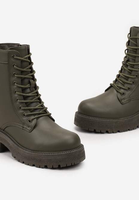 Zielone Sznurowane Botki na Grubej Podeszwie Attira