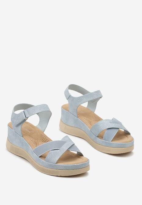Niebieskie Sandały z Zapięciem na Rzep na Niskim Koturnie Pialena