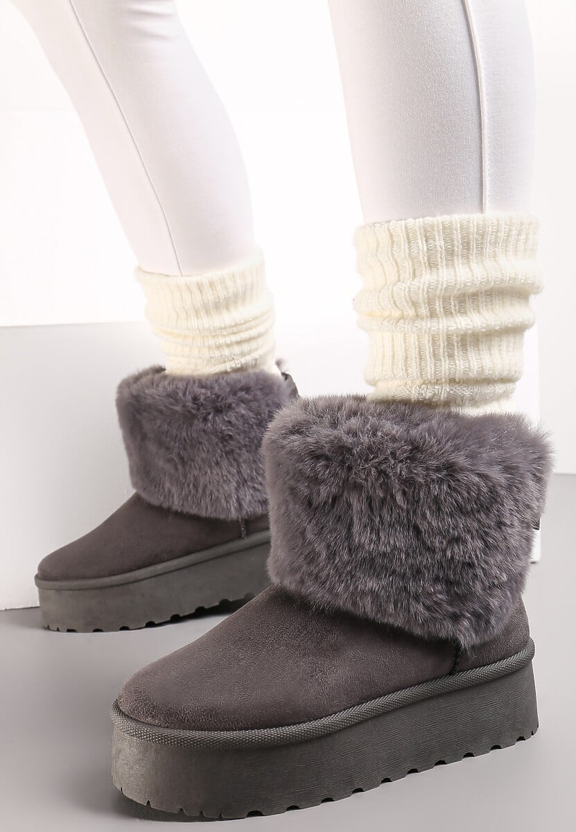 Szare Śniegowce na Platformie z Ozdobnym Futerkiem Tiran