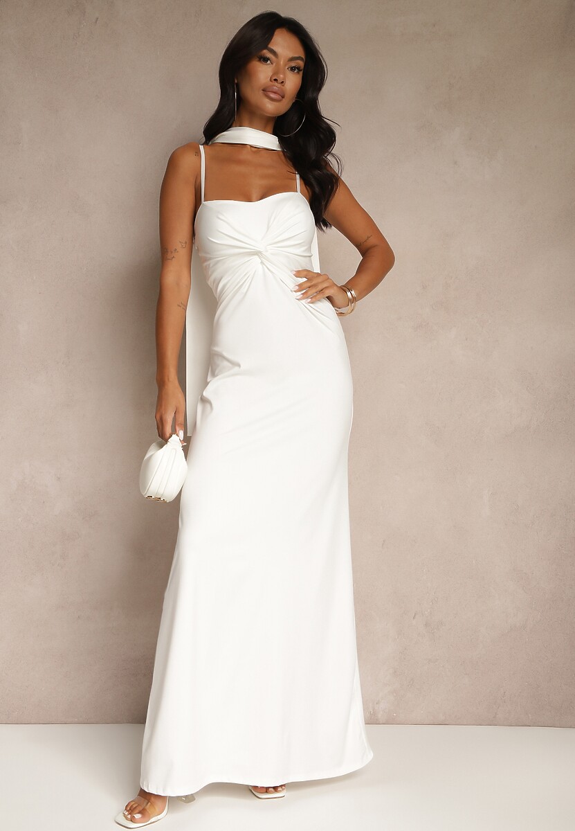 Biała Sukienka z Marszczeniem i Dodatkowym Szalem Zerona