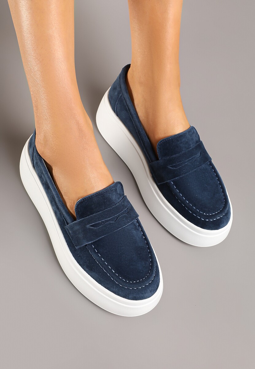 Granatowe Półbuty w Stylu Mokasynów na Platformie ze Skóry Naturalnej Nilovira
