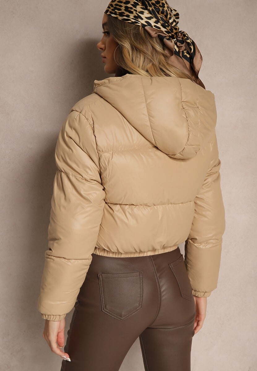 Ciemnobeżowa Pikowana Kurtka z Nieodpinanym Kapturem o Krótkim Kroju Tinneira