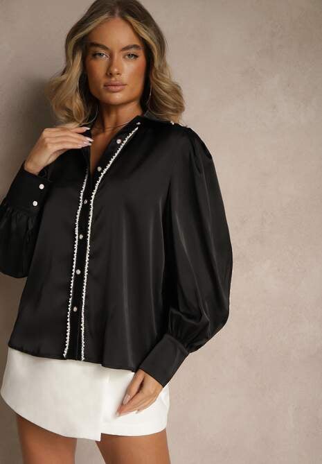 Czarna Koszula z Długimi Bufiastymi Rękawami i Koralikami Zapinana na Guziki Quileth