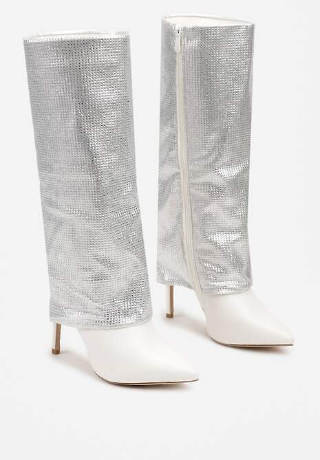 Białe Cyrkoniowe Kozaki na Obcasie Typu Szpilka z Cholewką Imitującą Nogawkę Valentila