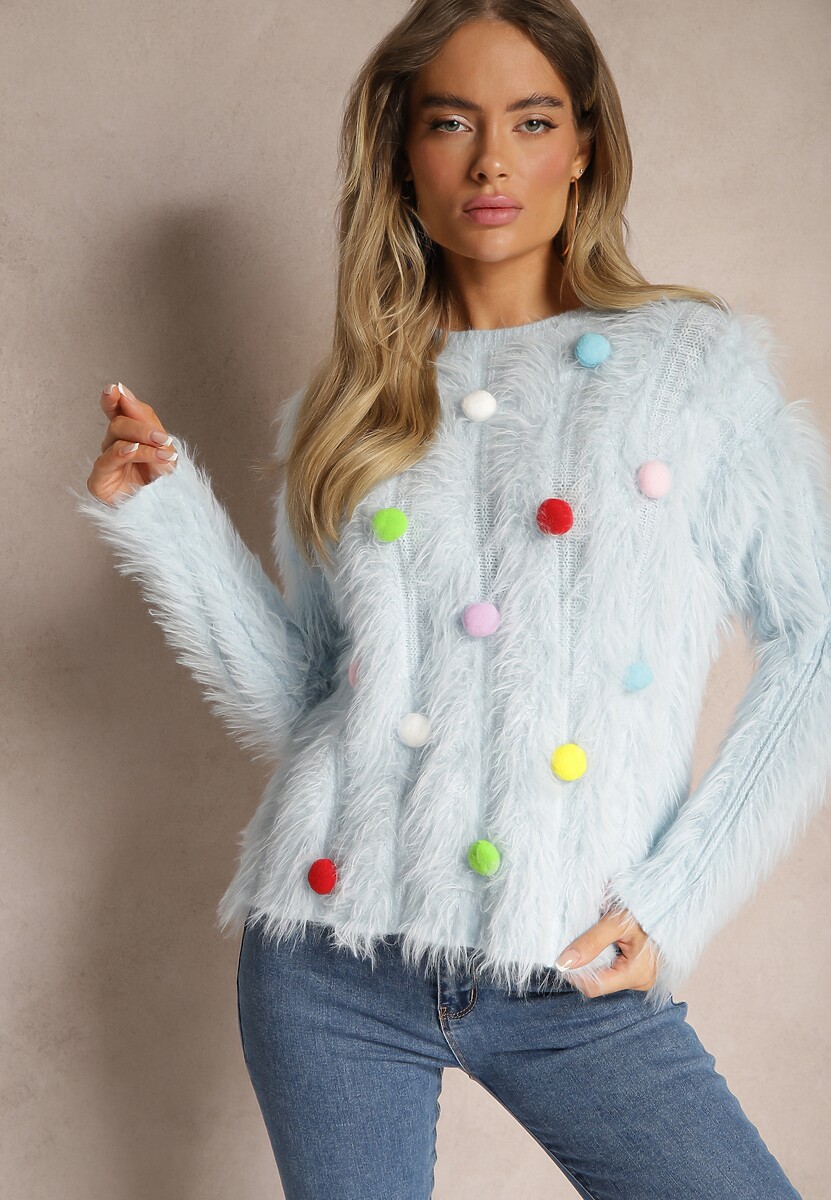Jasnoniebieski Sweter z Dodatkiem Wełny z Alpaki i Kolorowymi Pomponami Felinora
