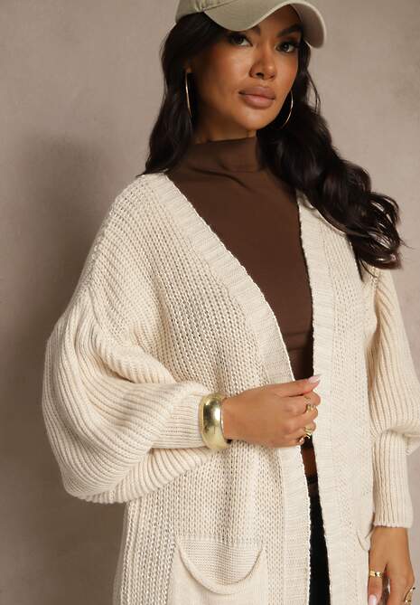 Jasnobeżowy Kardigan Długi z Bufiastym Rękawem Mesho