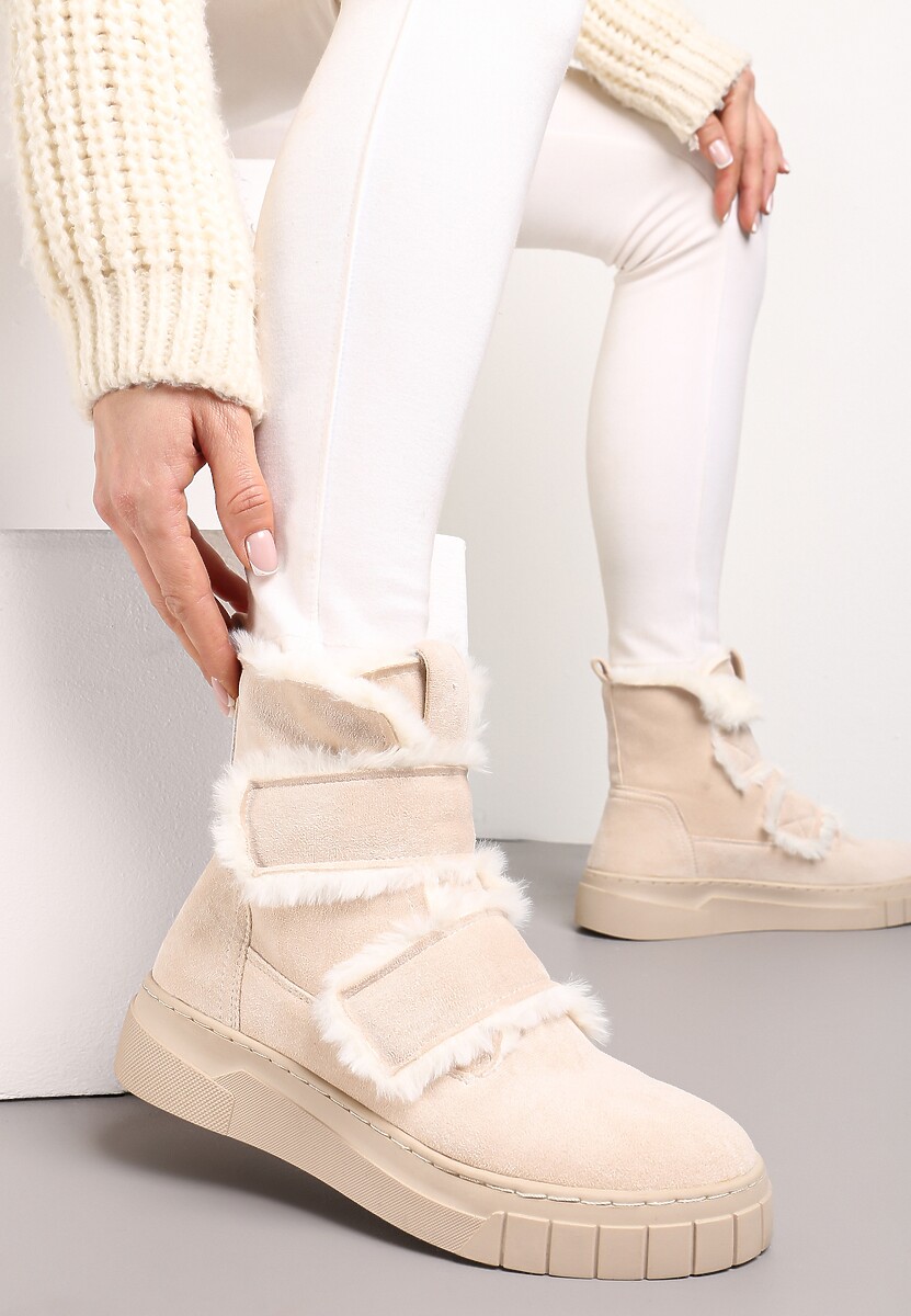 Beżowe Botki za Kostkę z Ozdobnym Futerkiem Eskara