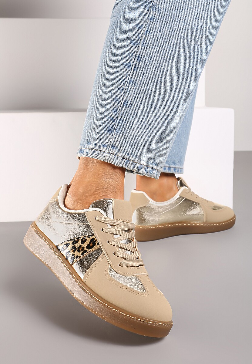 Beżowo-Brązowe Sneakersy na Płaskiej Podeszwie Ozdobione Metalicznymi Elementami Nevlise