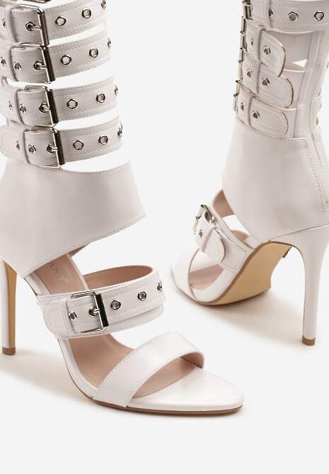 Białe Sandały Botki na Obcasie Zdobione Paskami ze Sprzączkami Idamirea