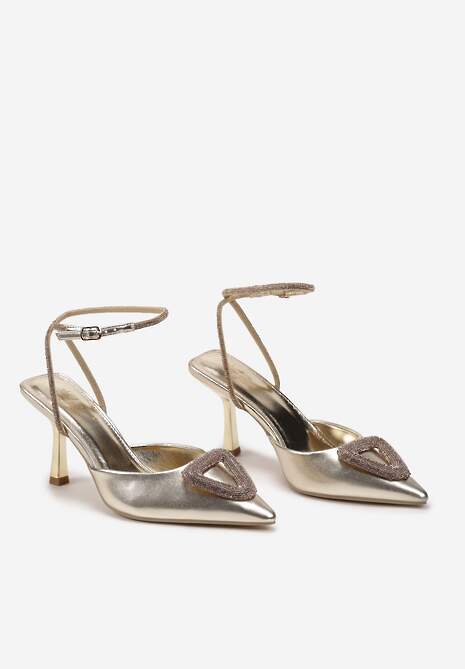 Złote Sandały Ozdobione Klamrą i Cyrkoniami na Obcasie Oplatane wokół Kostki Ellabis