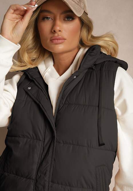 Czarna Kamizelka Pikowana z Kapturem Ozdobiona Sznurkami Eleandra