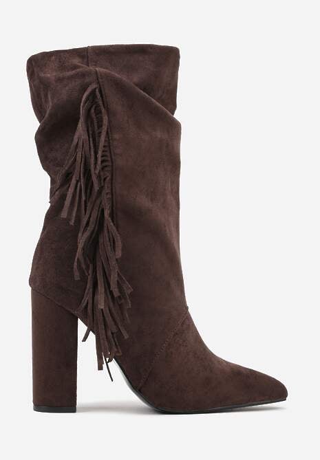 Brązowe Botki Kowbojki na Słupku z Frędzlami Reisetia