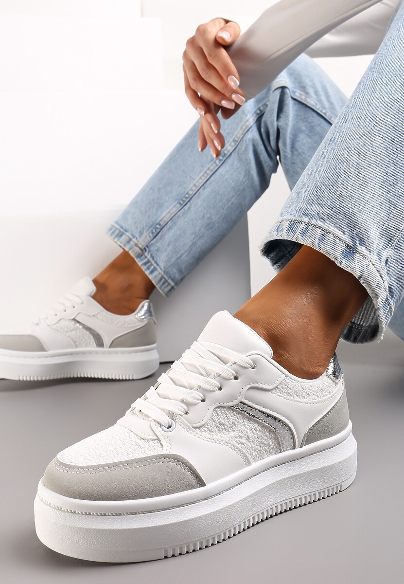 Białe Płaskie Sneakersy na Grubej Podeszwie z Metalicznymi Wstawkami Odelita