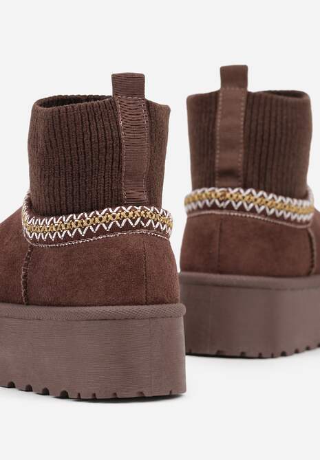 Brązowe Śniegowce VICES na Platformie ze Skarpetkową Cholewką i Haftem Ebentia