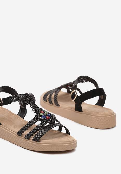 Czarne Płaskie Sandały z Ekoskóry z Plecionymi Paskami Ozdobione Kamieniami Alliara