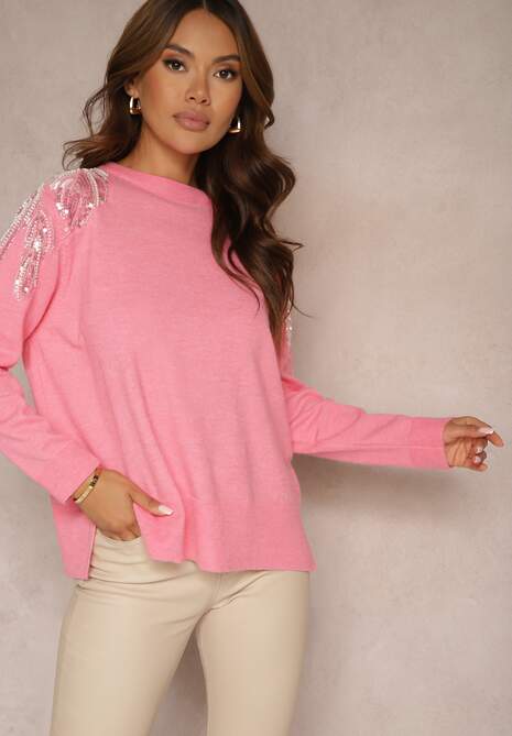 Różowy Sweter z Wiskozą i Modalem Ozdobiony Cekinami i Perłami Iveara